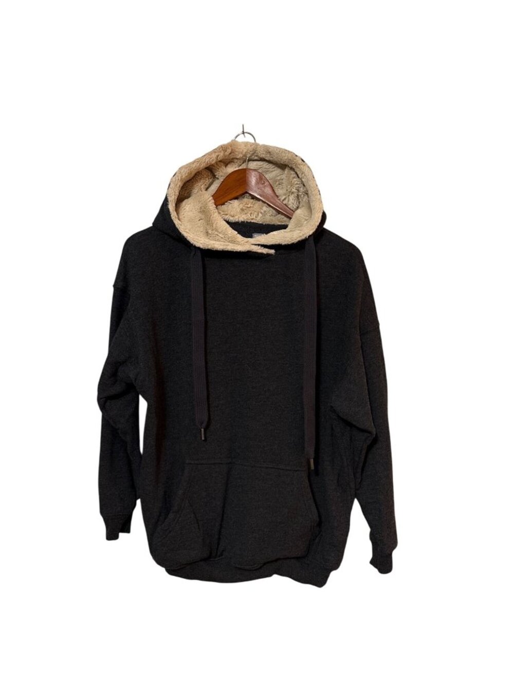 Aerie XS‎ Sherpa-Lined Black Hoodie With Drawstrings & Kangaroo Pocket